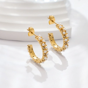 C-Shaped Hoop Earrings 18K Gold Plated Stainless Steel With Artificial Pearls And Zircons Elegant Niche Design For Women