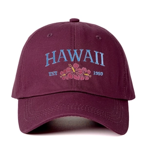 Burgundy cotton baseball cap with blue HAWAII embroidery and pink hibiscus flower