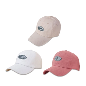 Three minimalist MYOB baseball caps in off-white, white, and rose pink twill cotton