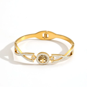 18K gold plated stainless steel Tree of Life bracelet with pavé crystals for women