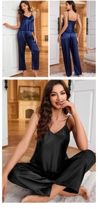 Detail view of smooth satin sleeveless pajama sets showing sleek drape and glossy fabric texture