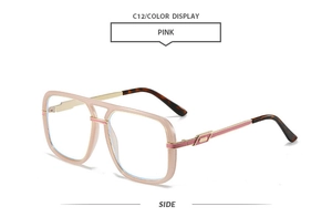Detail side view of pink square oversized sunglasses with gold metal temples