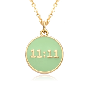 Minimalist 18K gold-plated circular pendant necklace with 11:11 green enamel detail