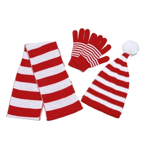Christmas knit set with red and white striped hat scarf and gloves in festive style