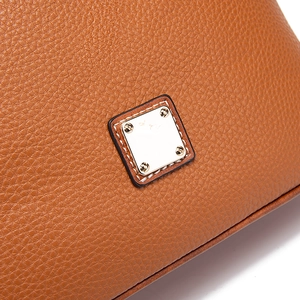 Close-up of brown lychee grain leather texture and gold metal plate on the crossbody bag