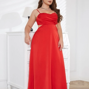 Detail of red satin maxi dress featuring a hollow-out back and elegant cowl neckline