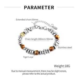 Tiger eye stone bead bracelet with stainless steel irregular links and lobster clasp