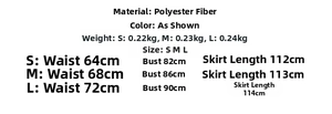 Polka dot lace slip dress size chart showing material, weight and measurements