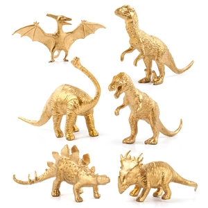6-piece set of golden dinosaur figurines including T-Rex and Pterosaur on white background