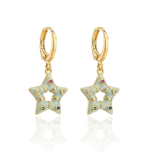 Macro detail of 18K gold plated star earrings with light green enamel and colorful zircon
