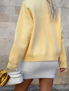 Rear view of model wearing a pale yellow knitted long-sleeved sweater outdoors