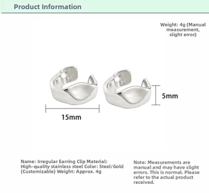 Detailed view of gold and silver irregular geometric ear clips with size specifications