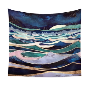 Detail of abstract tapestry showing wave layers, crescent moon, and golden starry sky