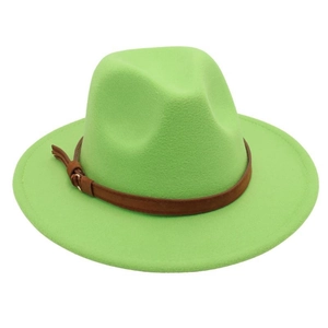 Close-up of bright green wool fedora hat featuring a brown leather band and metal buckle