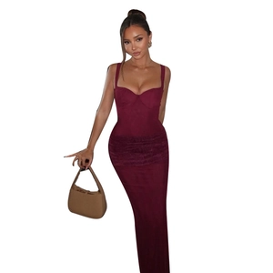Slim fit burgundy V-neck dress with lace and faux fur trim details on a white background