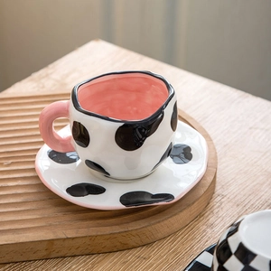 Ceramic Coffee Cup And Saucer Irregular Hand-Pinched Underglaze Hand-Painted Cow Print Heart Cloud Tulip Creative Drinkware