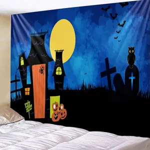 Bedroom wall decor featuring a Halloween tapestry with bats, owls and spooky castle