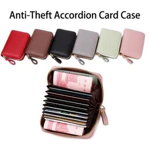 RFID Blocking Card Holder PU Leather Accordion Zipper Wallet Lychee Pattern Travel Organizer For Men And Women