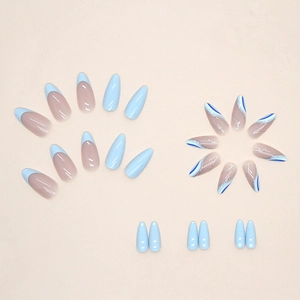 Almond blue and white wave press-on nails with French tips and silver glitter accents