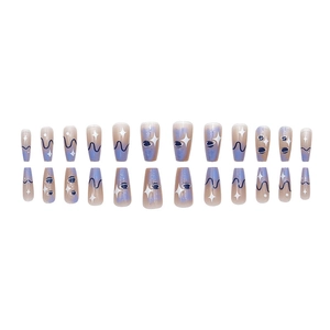Starry sky themed purple and blue press-on nails with cosmic star patterns, 24 pieces set