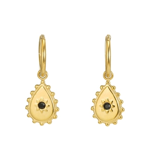 18K gold plated stainless steel teardrop hoop earrings with black gemstone and sunburst