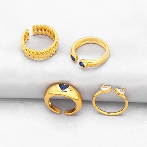 Adjustable Open Rings For Women Copper Gold Plated Heart Blue Zircon Geometric Lattice Fashion Jewelry