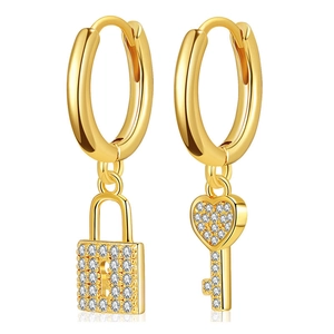 Asymmetrical Lock And Heart Key Hoop Earrings Copper 18K Gold Plated Pave Zircon Vintage Style For Women
