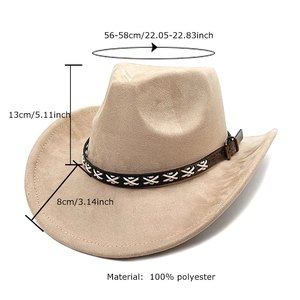 Thick suede cowboy hat with decorated band and 56-58cm head circumference in khaki