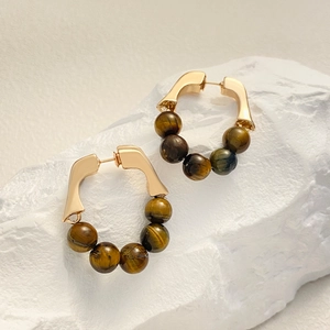 French vintage tiger eye stone gold hoop earrings with polished brown gemstone beads