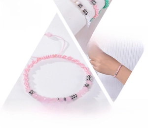 Detail of Morse code pink crystal bracelet with adjustment cord and gift card description