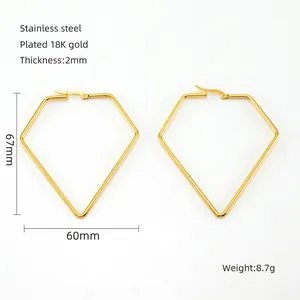 Detailed size specifications of 18K gold plated geometric rhombus earrings in stainless steel