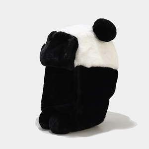 Cute black and white panda plush bucket hat with faux fur ears for winter warmth