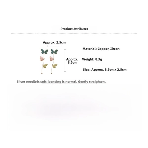 Detailed specs of butterfly tassel earrings featuring copper, zircon, and silver needles