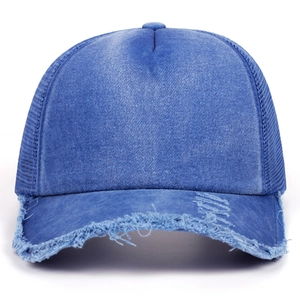 Classic washed blue denim baseball cap with breathable mesh back and frayed edge detail