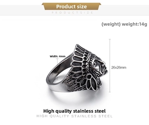 Detailed view of Native American Chief ring showing 26x26mm vintage stainless steel head