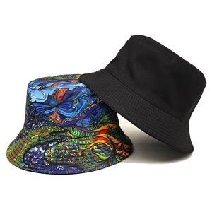 Set of classic black and psychedelic print cotton bucket hats for sun protection