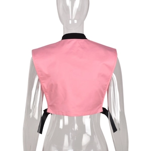 Detailed back view of pink crop vest featuring contrast black ribbed collar and webbing