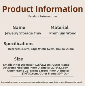 Size chart for bohemian wooden storage trays showing small, medium, and large dimensions