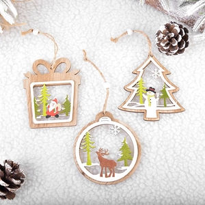 Three-piece wooden Christmas tree ornaments with reindeer and snowman on cozy fleece