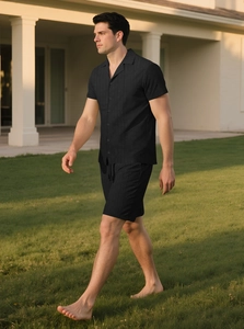 Men's summer black vertical knit texture Cuban collar short sleeve shirt and shorts set