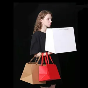 Square kraft paper gift bags with handles in white, red and brown colors for packaging