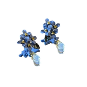 Elegant blue flower tassel earrings with silver needle and transparent teardrop pendants