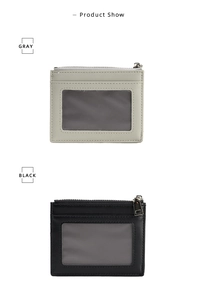 Vertical detail of gray and black PU leather slim card wallets with zipper and ID window