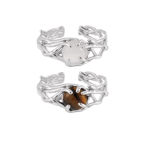 Handcrafted S925 silver rings with natural tiger eye and white stones in vine design