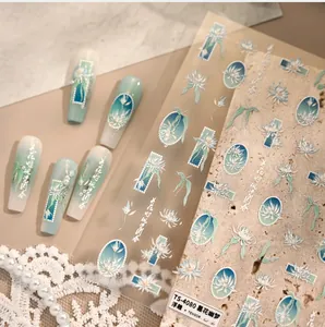 Close-up of 3D relief nail art sticker TS-4080 with teal epiphyllum and floral patterns