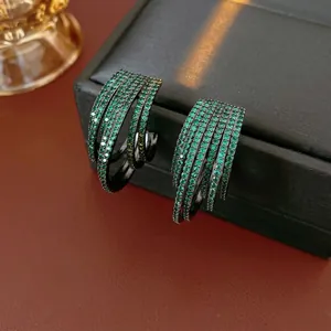Multi Layer C Shape Hoop Stud Earrings Green Zircon Copper Base With Silver Earring Post Vintage Luxury For Women