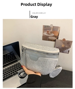 Detailed view of gray rhinestone waist bag with matching round pouch and striped strap