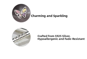 Detailed macro view showing S999 silver hallmark and colorful zircon butterfly stud earring