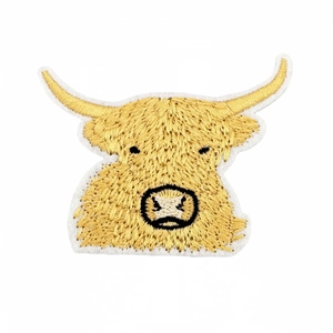 Western style highland cow embroidered patch with golden stitching for clothing and boots