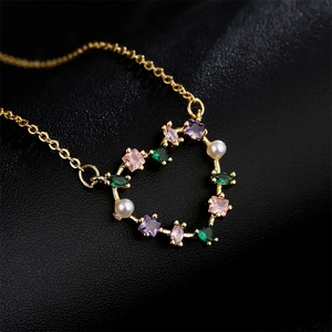 18K gold plated heart necklace for women featuring colorful gemstones and pearl details